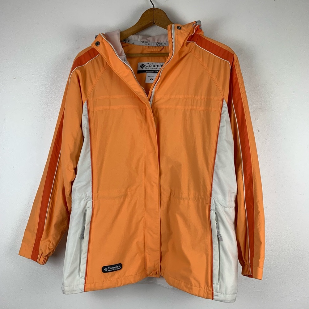 Columbia Jacket‎ Womens Medium Orange White Hooded Pockets Zip Up Nylon